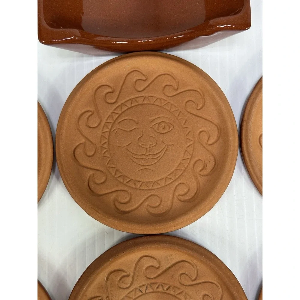 Vintage Wieland Ware Terracotta Sun Face Terra Cotta Celestial 6 Coasters Holder